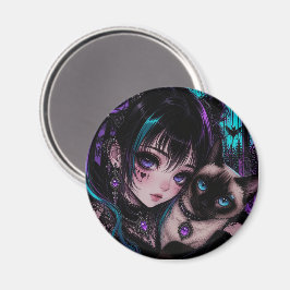 Gotisk Emo Anime Tjej & Katt Magnet