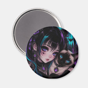Gotisk Emo Anime Tjej & Katt Magnet