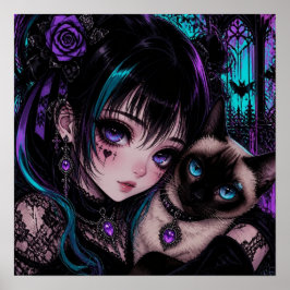 Gotisk Emo Anime Tjej & Katt Poster