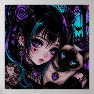 Gotisk Emo Anime Tjej & Katt Poster