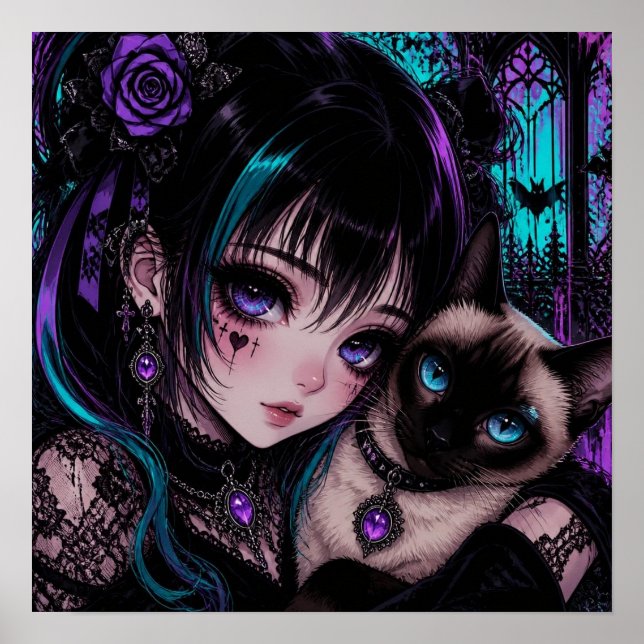 Gotisk Emo Anime Tjej & Katt Poster (Framsidan)