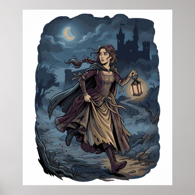Gotisk Fantasy Medeltida Flicka Lykta Slott Natt Poster (Framsidan)