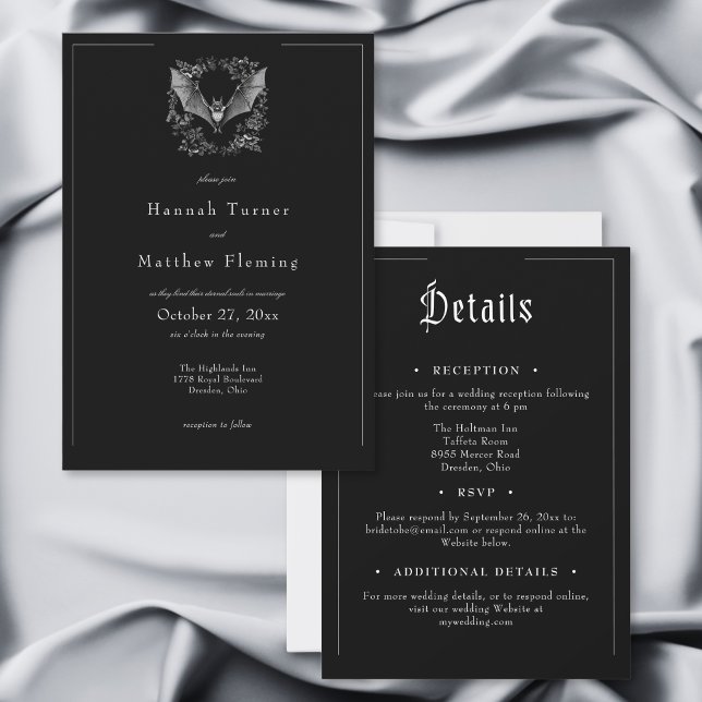 Gotisk fladdermus svart Halloween tvåsidig bröllop Inbjudningar (Gothic Bat Black Halloween Two Sided Wedding Invitation)