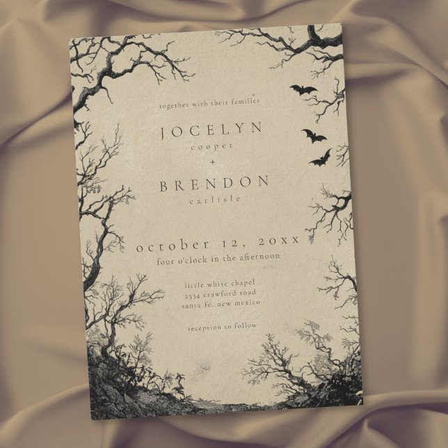 Gotisk Fläderträds Trägravyr Svart Tan Bröllop Inbjudningar (Gothic Bat Tree Engraving Black Tan Wedding Invitation)