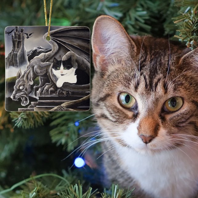 Gotisk Gargoyl Katt Mörk Fantasy Borg Julgransprydnad Keramik (Skapare uppladdad)