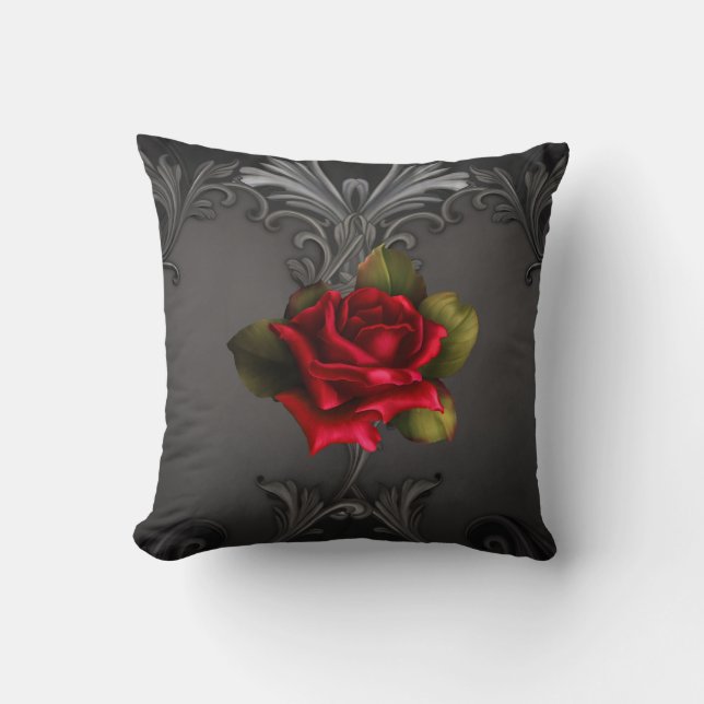 Gotisk Glamour Röd Ros Svart Ornamental Glam Kudde (Framsida)
