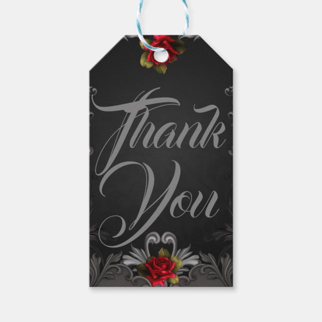 Gotisk Glamour Röd Ros Svart Ornamental Glam Presentetikett (Framsidan)