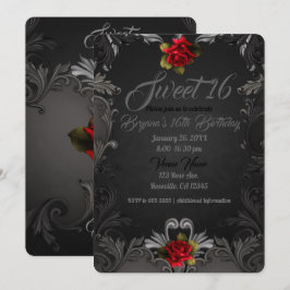 Gotisk Glamour Röd Ros Svart Ornamentell Sweet 16 Inbjudningar