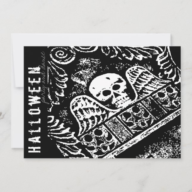 Gotisk Gravsten Skalle Och Vingar Halloweenfest Inbjudningar (Framsida)