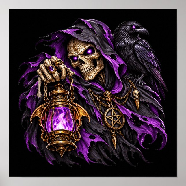 Gotisk Grim Reaper och Raven Affisch - Lila Flamma (Framsidan)
