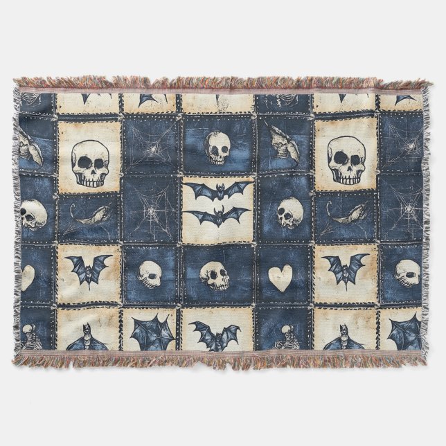 Gotisk Halloween Denim Lappverksmönster Filt (Framsidan)