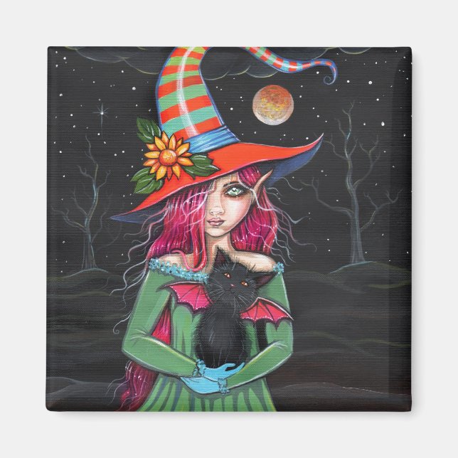 Gotisk Halloween-häxa Kattmagnet Magnet (Framsidan)