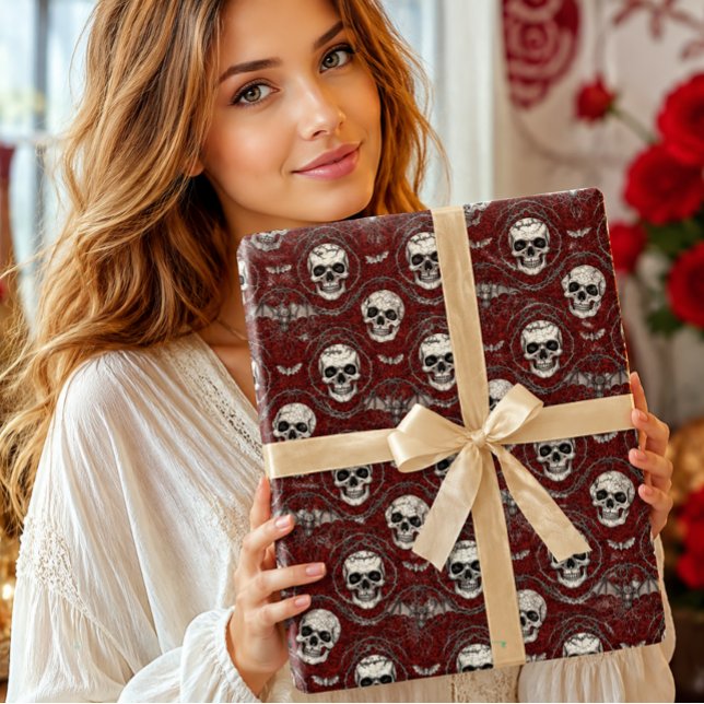 Gotisk Halloween-kalle och fladdermöss Damaskus rö Presentpapper (Skapare uppladdad)