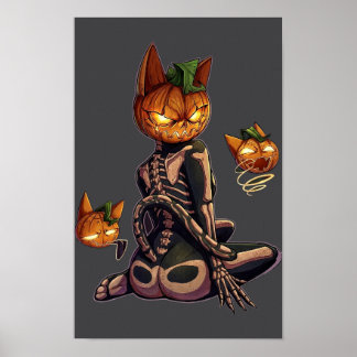 Gotisk Halloween Katt Med Pannkaka Huvud Skelett Poster