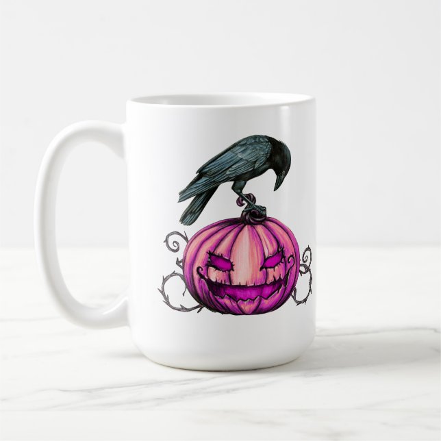 Gotisk Halloween-pumpa och kråka Kaffemugg (Vänster)