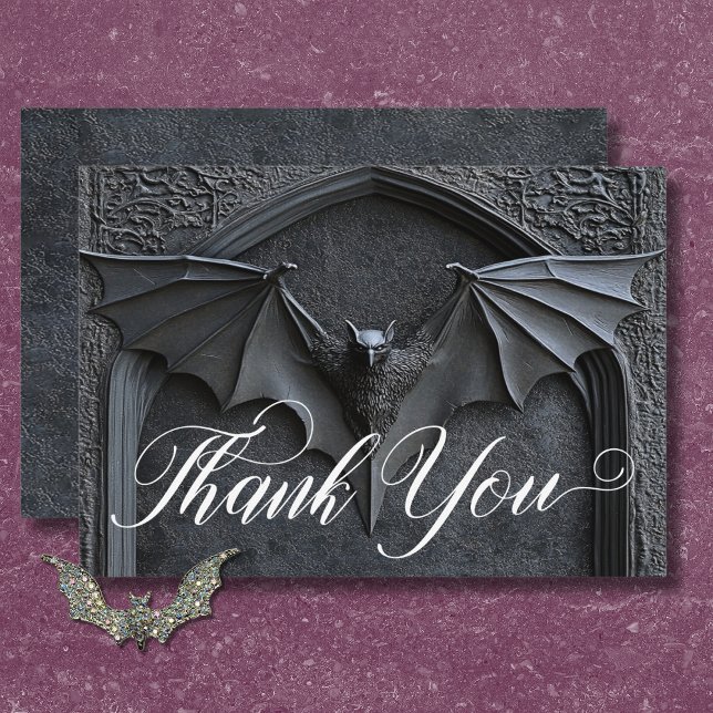 Gotisk Halloween Svart Fladdermus & Valvbåge Bröll Tack Kort (Gothic Halloween Black Bat & Arch Wedding Thank You Card)