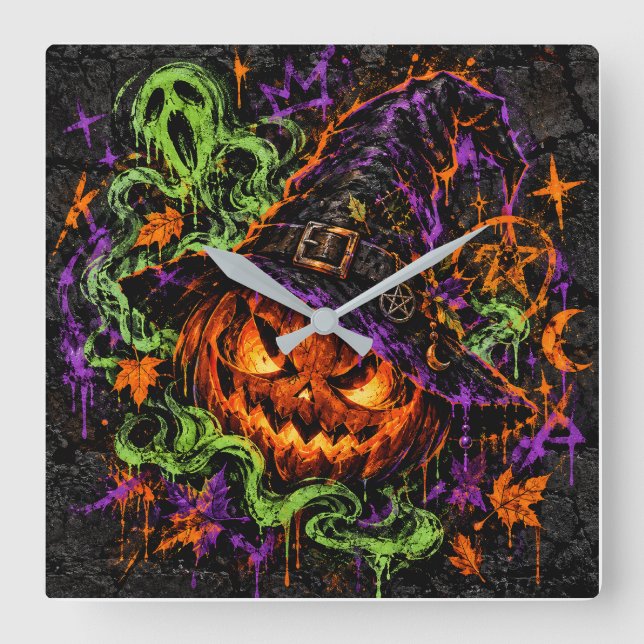 Gotisk häxa Halloween-pumpa väggklocka (Framsida)