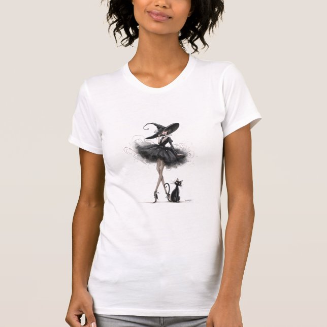 Gotisk häxa & katt – Mörk feminin Witchcore-konst T Shirt (Framsida)