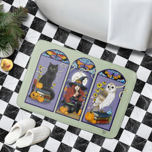 Gotisk häxa Svart katt Uggla Halloween Art Nouveau Badrumsmatta