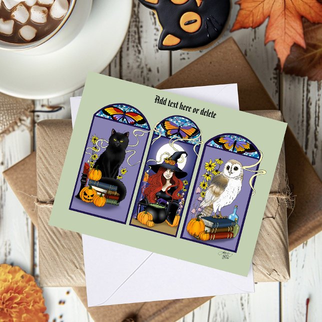 Gotisk häxa Svart katt Uggla Halloween Art Nouveau Kort (Skapare uppladdad)
