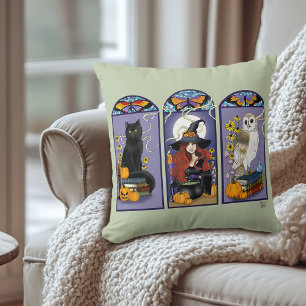Gotisk häxa Svart katt Uggla Halloween Art Nouveau Kudde