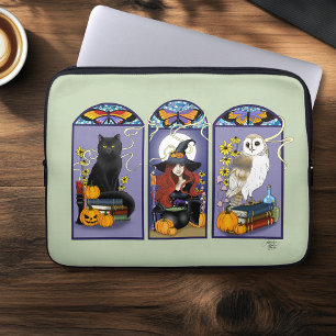 Gotisk häxa Svart katt Uggla Halloween Art Nouveau Laptop Fodral