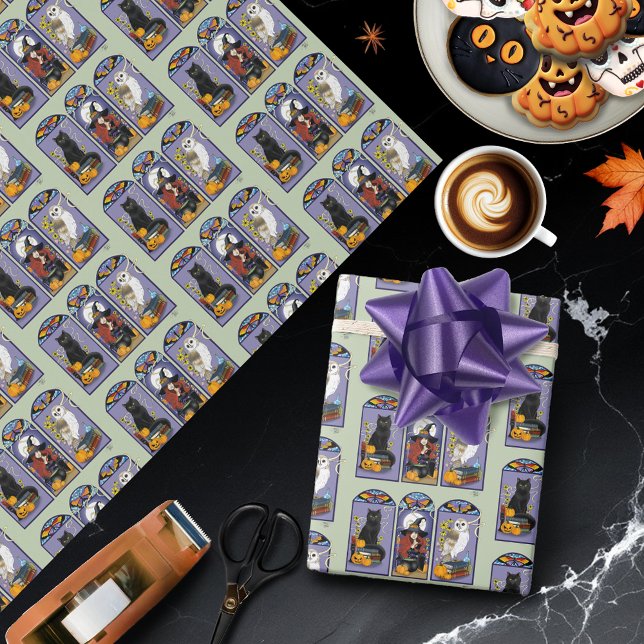 Gotisk häxa Svart katt Uggla Halloween Art Nouveau Presentpapper (Skapare uppladdad)