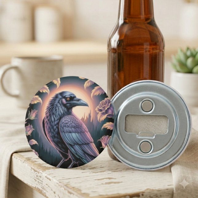 Gotisk hembardekor med korp flasköppnare (A gothic raven bottle opener styled on a cozy kitchen counter for a friend’s housewarming gift.)
