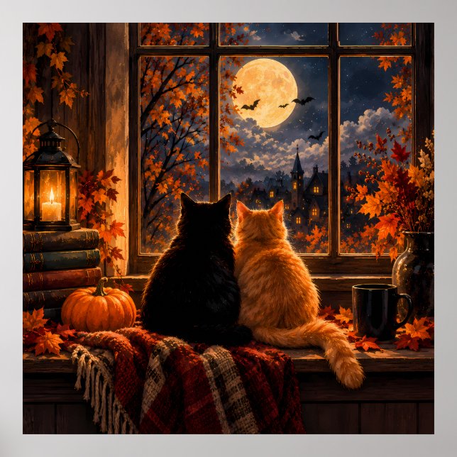 Gotisk höstkattaffisch – Mysig Halloween-konst Poster (Framsidan)