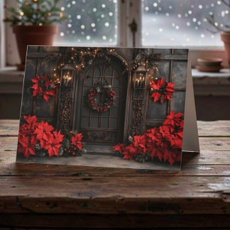 Gotisk julkort med poinsettia och dörröppning helgkort