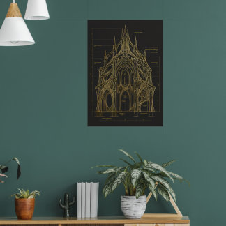 Gotisk katedral exteriör ritning fint konsttryck poster