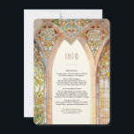 Gotisk katedralfönster glasinformationskort inbjudningar<br><div class="desc">Sätt tonen för en storslagen fest med detta bröllopsdetaljkort inspirerat av gotiska katedraler, med fantastiska glasmålningar i livfulla nyanser av grönt, guld och rött. De invecklade arkitektoniska bågarna och livfulla blomsterornamenten speglar tidlös elegans och andlighet, perfekt för kyrkbröllop eller vintage-inspirerade ceremonier. Den lugna landsbygdsutsikten tillför en romantisk touch, medan baksidan...</div>