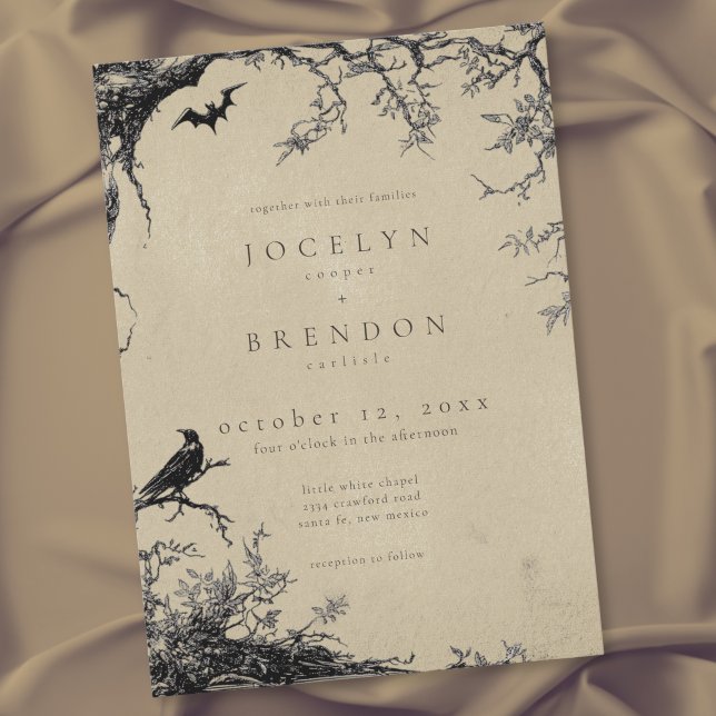 Gotisk Korp Fladdermus Träd Gravyr Svart Tan Bröll Inbjudningar (Gothic Raven Bat Tree Engraving Black Tan Wedding Invitation)
