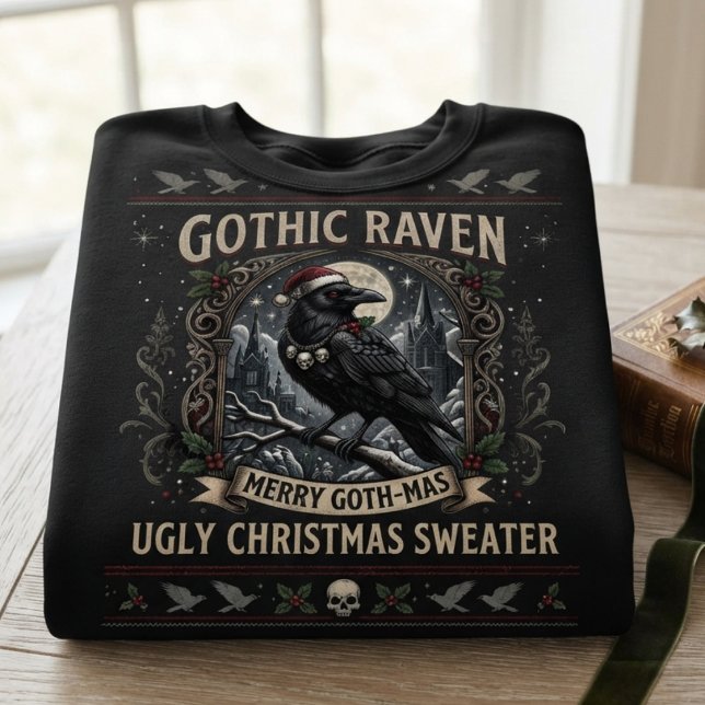 Gotisk Korp Fult Jul Lång Ärmad Tröja (Gothic raven graphic sweatshirt for alternative souls on ugly christmas sweater day)