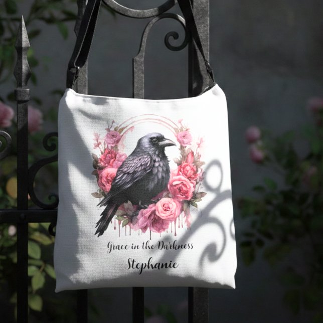 Gotisk Korp Rosa Blommig Mörk Akademia Axelväska (Pink roses raven cross body bag)