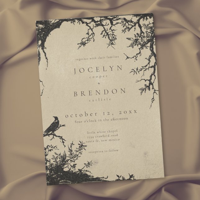 Gotisk Korp Träd Gravyr Svart Tan Bröllop Inbjudningar (Gothic Raven Tree Engraving Black Tan Wedding Invitation)