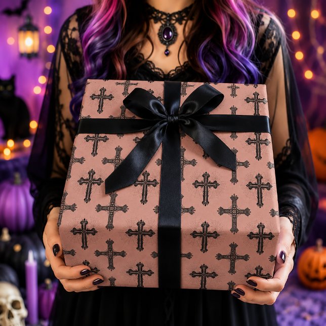 Gotisk kors och spindelnät rosa Halloween-mönster Presentpapper (Skapare uppladdad)