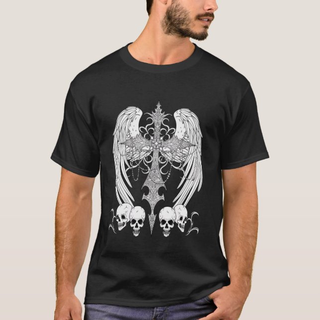Gotisk korsvingar och dödskallargrunge Alt Emo T Shirt (Framsida)