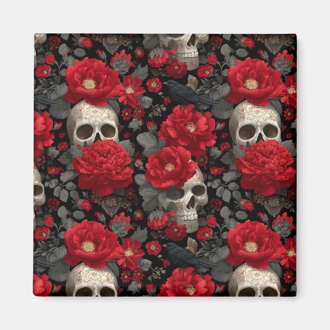 Gotisk kråka och skalle blomster sömlöst mönster magnet (Framsidan)