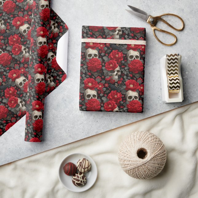 Gotisk kråka och skalle blomster sömlöst mönster presentpapper (Hantverk)