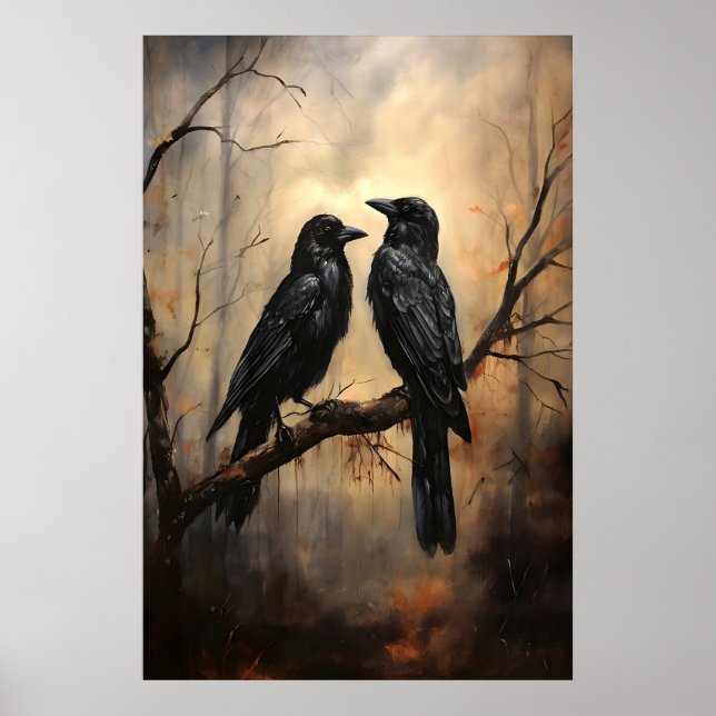 Gotisk Kråkkonsttryck, Mörk Skog, Oljemålning Kråk Poster (Framsidan)