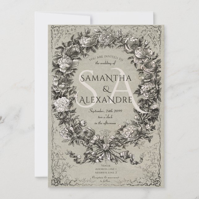 Gotisk kunglig medeltida blomsterroskrans bröllop inbjudningar (Framsida)