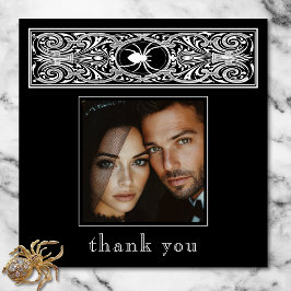 Gotisk kuslig spindel svart vit bröllopsfoto tack kort