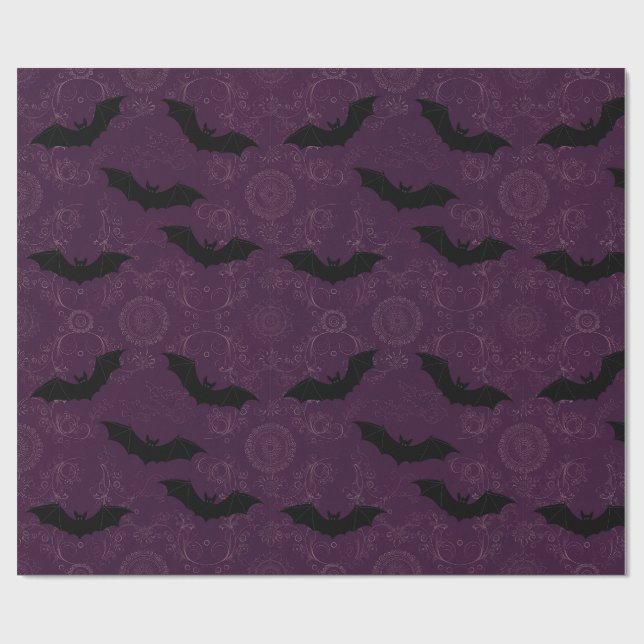 Gotisk lila fladdermusdamask blomster mönster presentpapper (Platt)