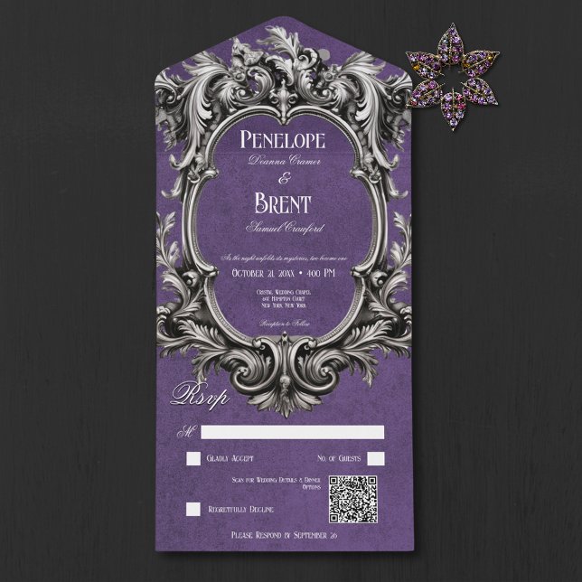 gotisk Lila Moody Victorian Ram QR-kod (Gothic Purple Moody Victorian Frame QR Code All In One Wedding Invitation)