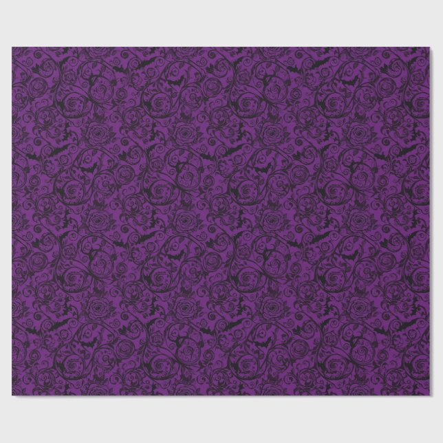 Gotisk Lila Rosor Fladdermöss Damask Blommönster Presentpapper (Platt)