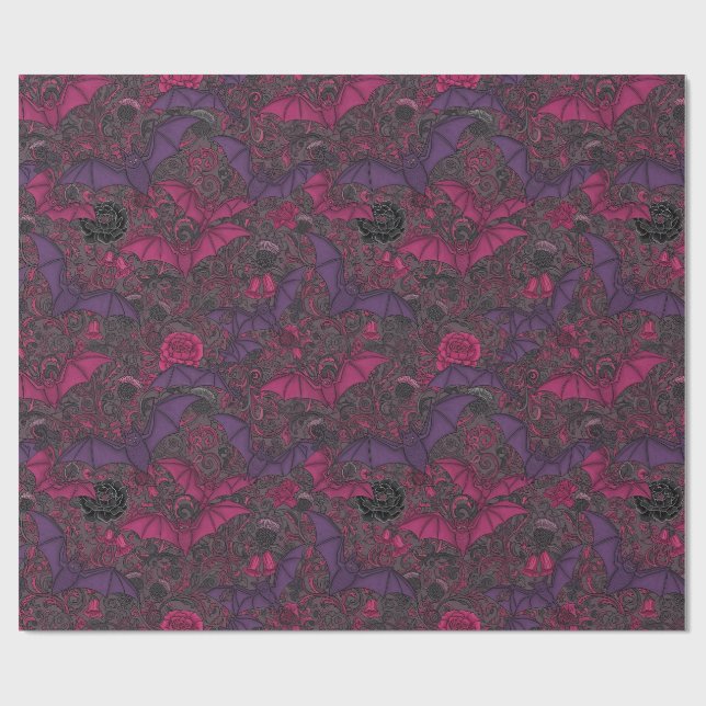 Gotisk Magenta Lila Fladdermöss Blommönster Presentpapper (Platt)