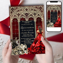Gotisk maskerad Quinceañera Röd Guld Inbjudningar