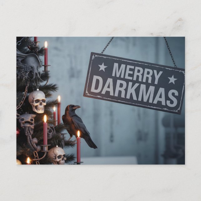 Gotisk "Merry Darkmas" Skräck Julgran Vykort (Framsida)