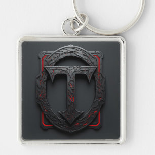 🛡️ Gotisk Metall T Sköld Emblem Röd Accent 🔑 Fyrkantig Silverfärgad Nyckelring